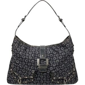 Guess Monogram Denim Shoulder Bag Black Grey Studded Purple Lining Y2K Hobo